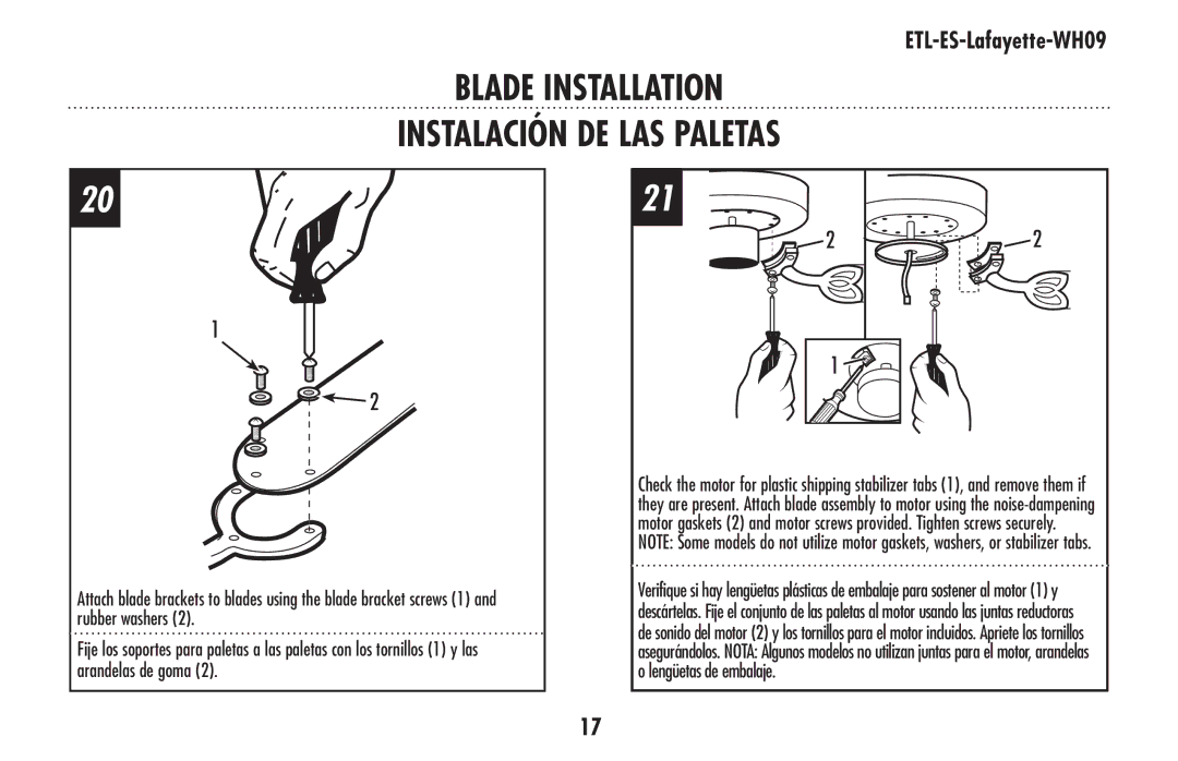 Westinghouse ETL-ES-Lafayette-WH09 owner manual Blade Installation Instalación de las paletas 