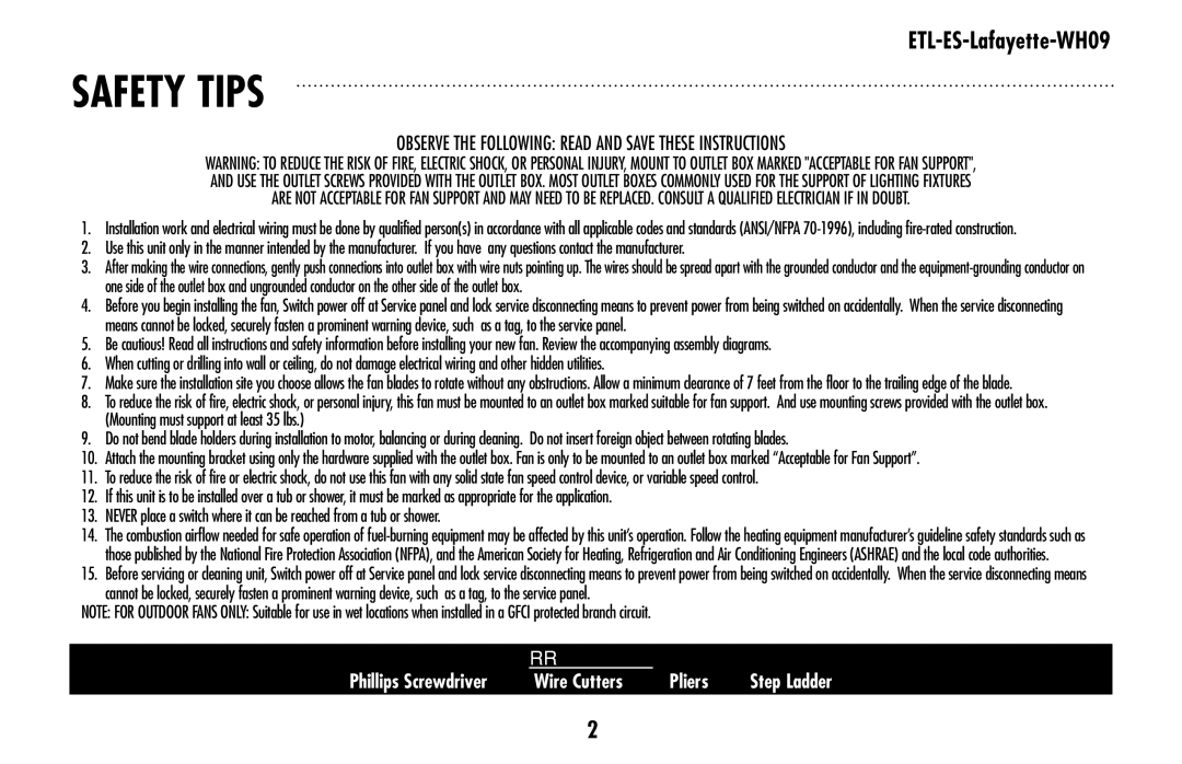 Westinghouse ETL-ES-Lafayette-WH09 owner manual Safety tips 