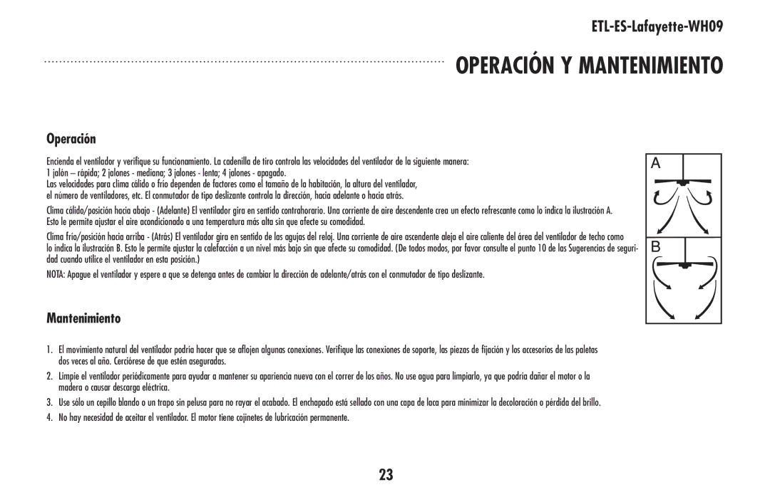 Westinghouse ETL-ES-Lafayette-WH09 owner manual Operación y mantenimiento 