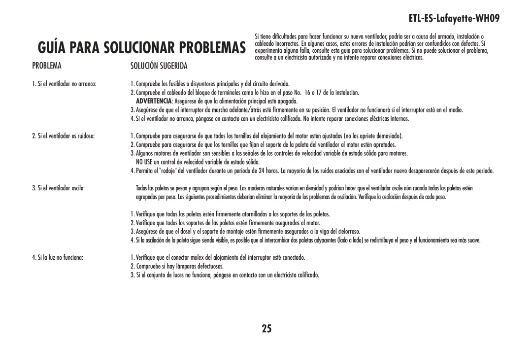 Westinghouse ETL-ES-Lafayette-WH09 owner manual Guía para solucionar problemas 