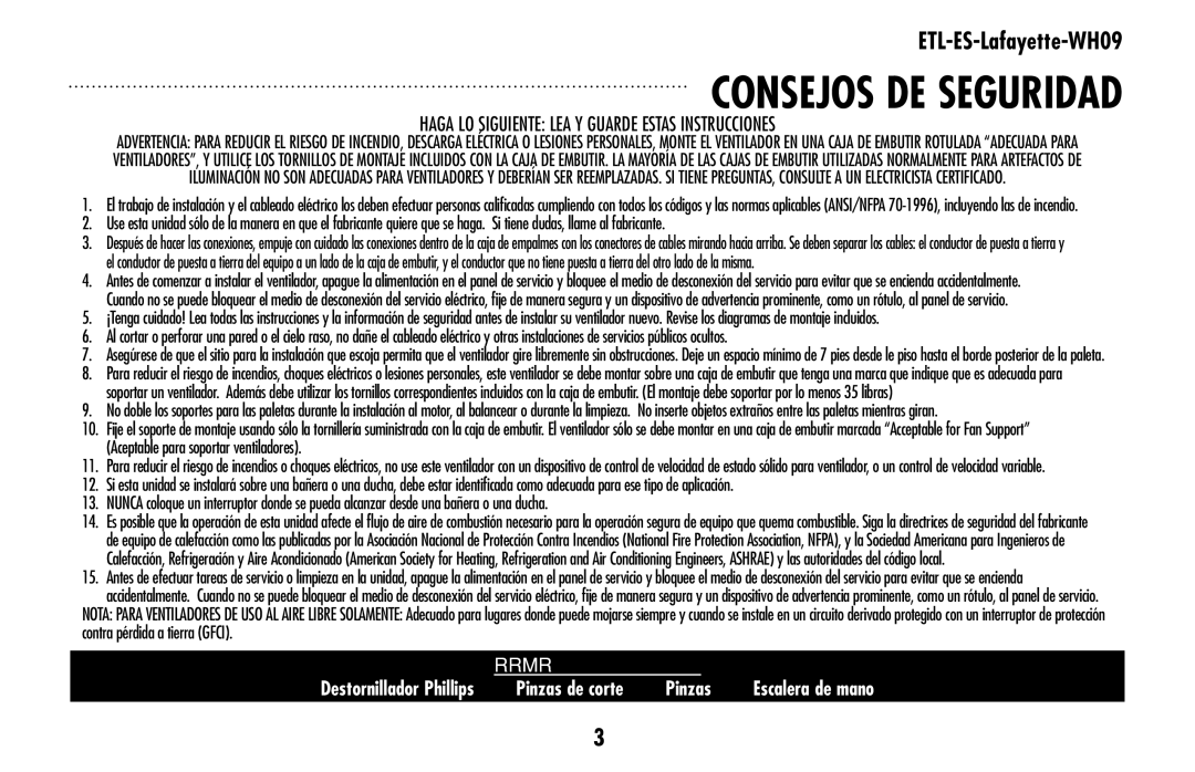 Westinghouse ETL-ES-Lafayette-WH09 owner manual Consejos de seguridad 