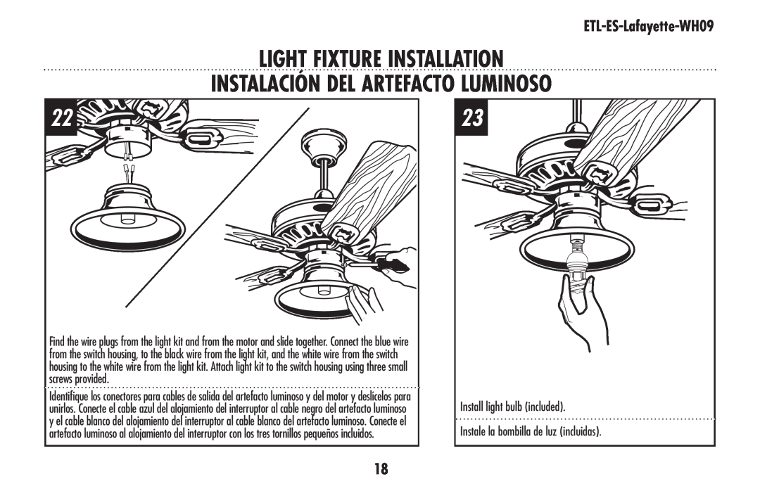Westinghouse ETL-ES-Lafayette-WH09 owner manual Light fixture installation Instalación del artefacto luminoso 