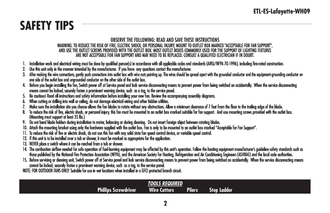 Westinghouse ETL-ES-Lafayette-WH09 Safety tips, Observe The Following Read And Save These Instructions, Wire Cutters 