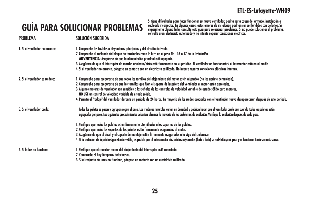 Westinghouse ETL-ES-Lafayette-WH09 owner manual Guía para solucionar problemas, Problema 