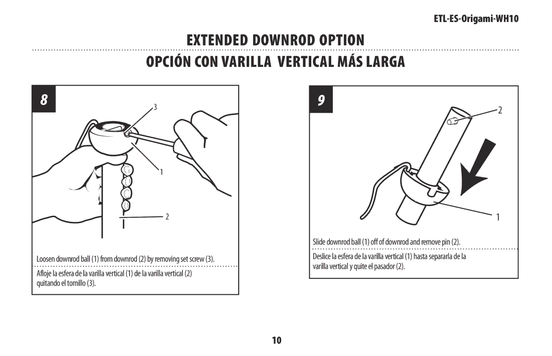 Westinghouse ETL-ES-Origami-WH10 owner manual Loosen downrod ball 1 from downrod 2 by removing set screw 