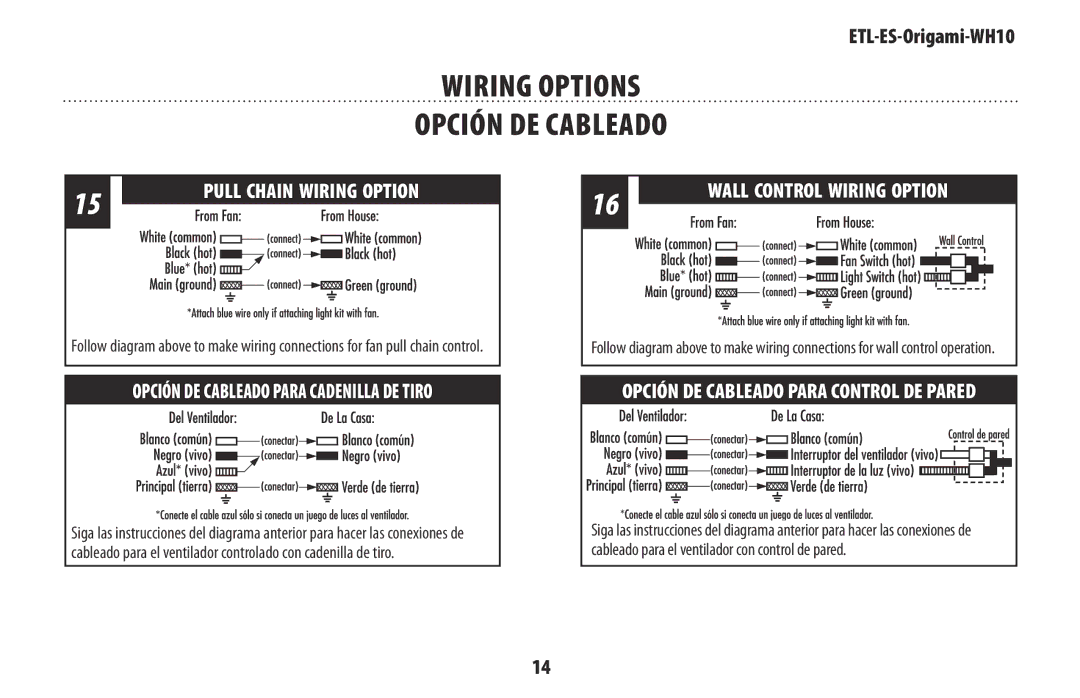 Westinghouse ETL-ES-Origami-WH10 owner manual Wiring Options, Opción DE Cableado 