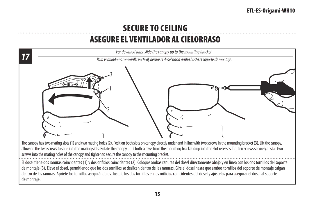 Westinghouse ETL-ES-Origami-WH10 owner manual Secure To Ceiling, Asegure el ventilador al cielorraso 