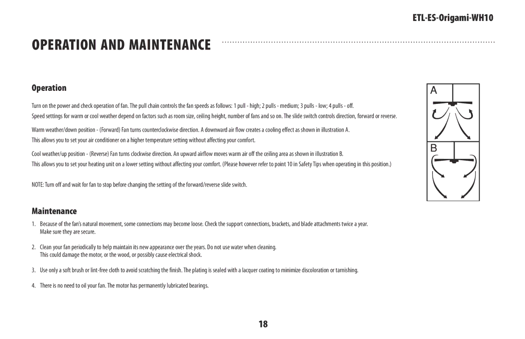 Westinghouse ETL-ES-Origami-WH10 owner manual Operation and Maintenance 