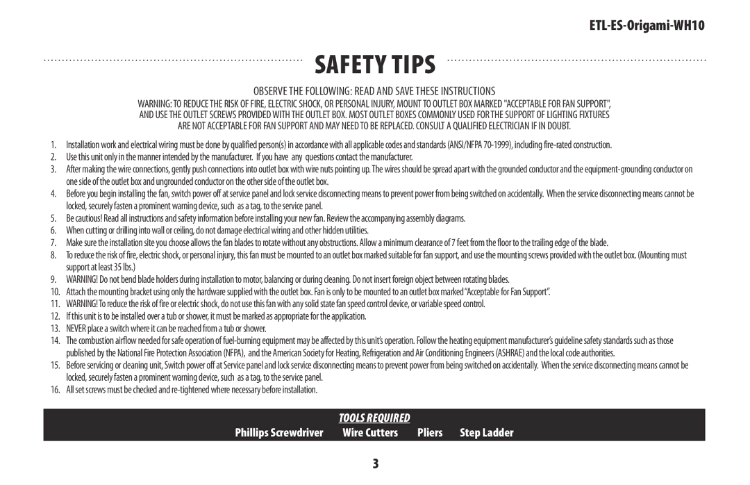 Westinghouse ETL-ES-Origami-WH10 owner manual Safety tips, Observe the Following Read and Save These Instructions 