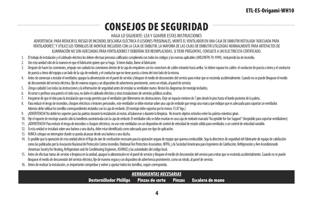 Westinghouse ETL-ES-Origami-WH10 owner manual Consejos de seguridad, Haga LO Siguiente LEA Y Guarde Estas Instrucciones 