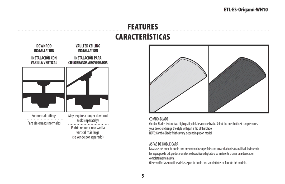 Westinghouse ETL-ES-Origami-WH10 owner manual Features, Características, Combo-Blade, Aspas DE Doble Cara 