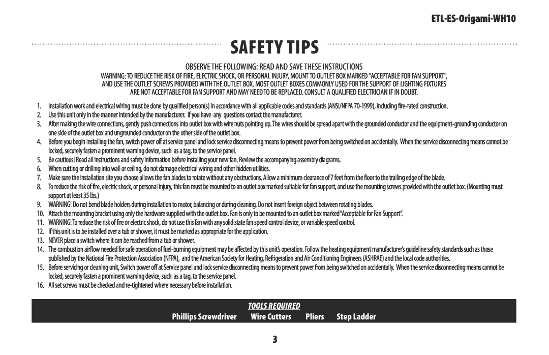 Westinghouse ETL-ES-Origami-WH10 Safety tips, Observe The Following Read And Save These Instructions, Wire Cutters, Pliers 