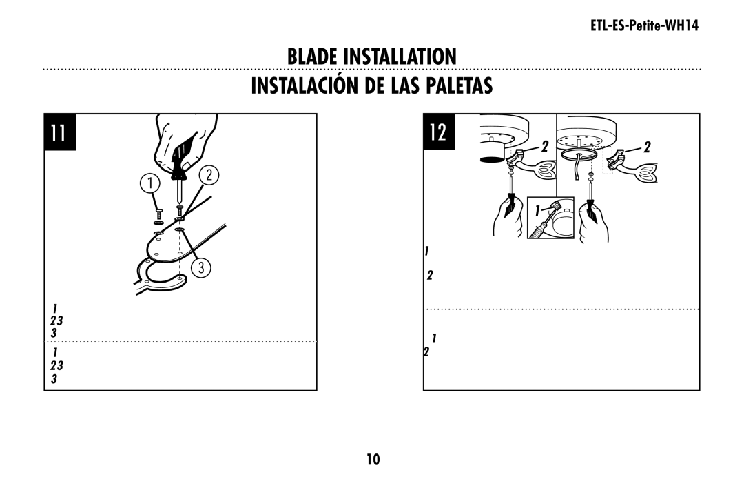 Westinghouse ETL-ES-Petite-WH14 owner manual Blade Installation Instalación de las paletas 