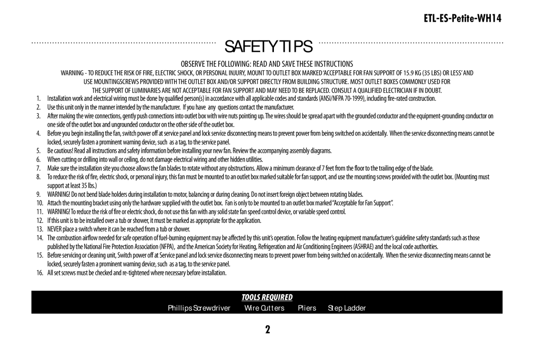 Westinghouse ETL-ES-Petite-WH14 owner manual Safety tips, Observe the Following Read and Save These Instructions 