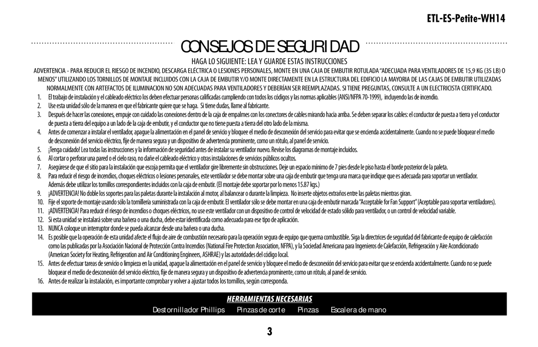 Westinghouse ETL-ES-Petite-WH14 owner manual Consejos de seguridad, Haga LO Siguiente LEA Y Guarde Estas Instrucciones 