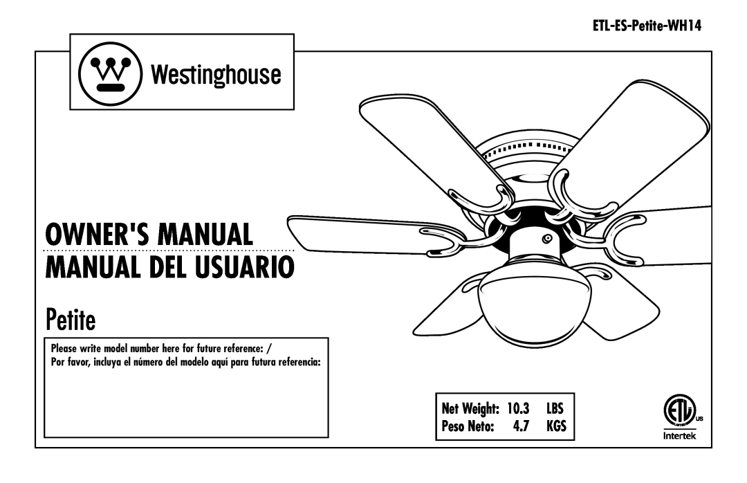 Westinghouse ETL-ES-Petite-WH14 owner manual 10.3, Net Weight, Peso Neto 