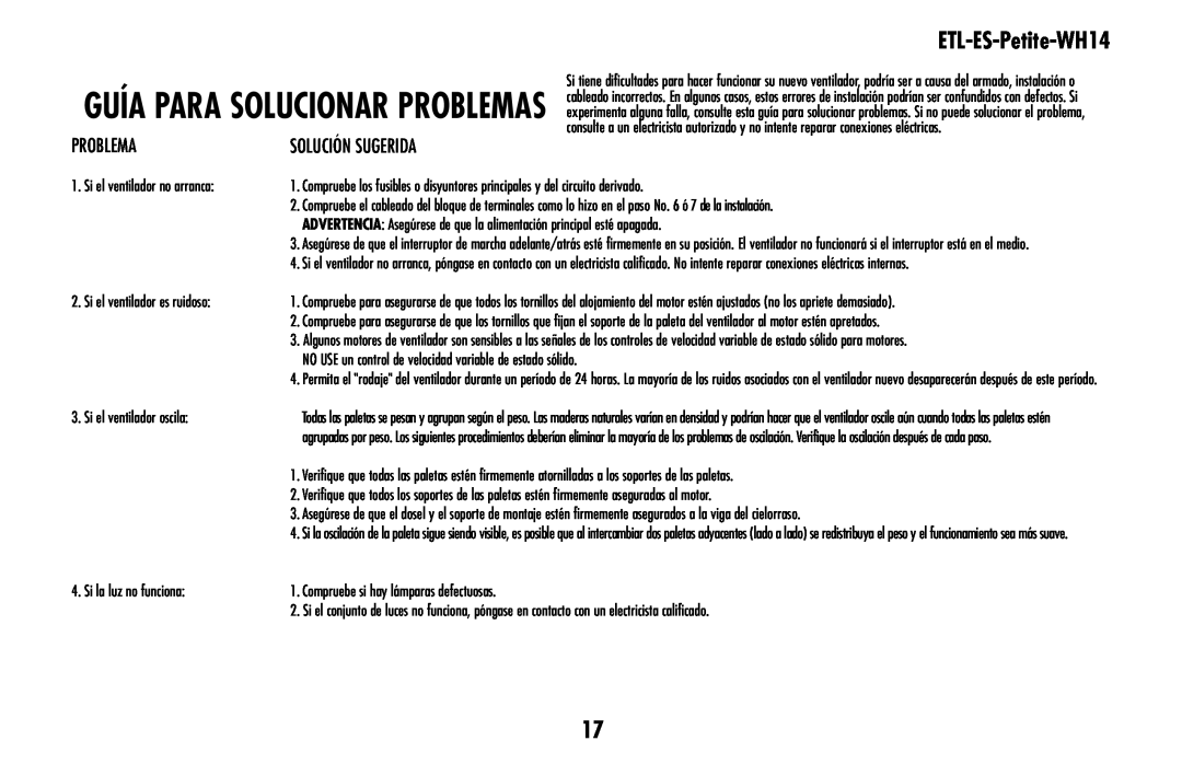 Westinghouse ETL-ES-Petite-WH14 owner manual Problema, Guía para solucionar problemas 