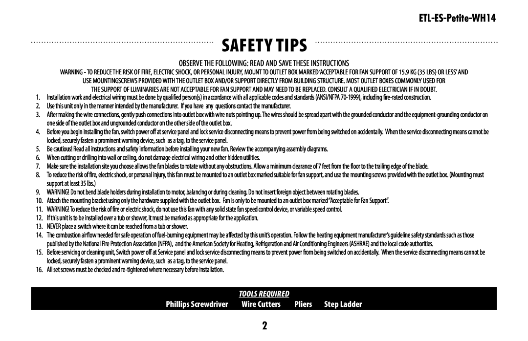Westinghouse ETL-ES-Petite-WH14 owner manual Safety tips, Wire Cutters, Pliers 
