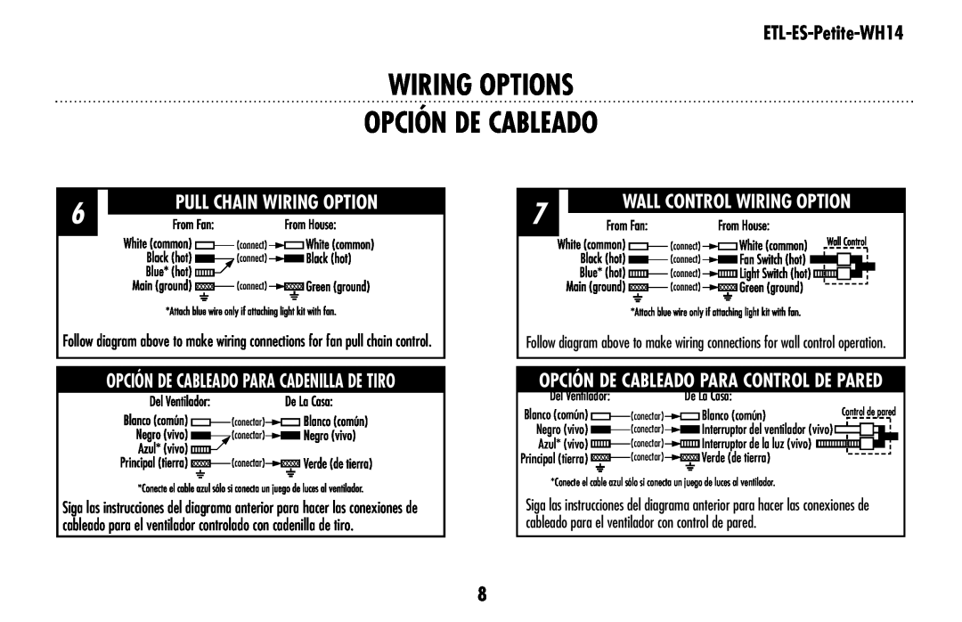 Westinghouse ETL-ES-Petite-WH14 wiring OPTIONS OPCIÓN DE CABLEADO, Pull Chain Wiring Option, Wall Control Wiring Option 