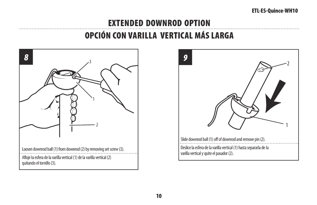 Westinghouse ETL-ES-Quince-WH10 owner manual Loosen downrod ball 1 from downrod 2 by removing set screw 