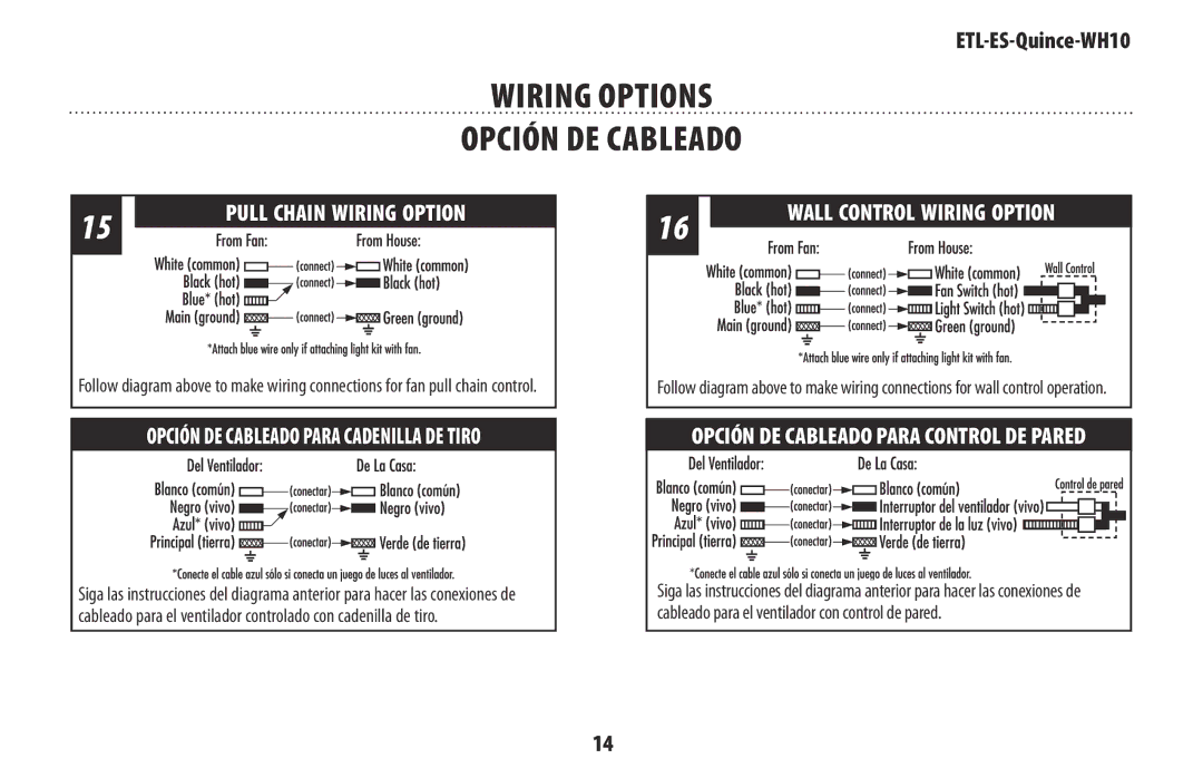 Westinghouse ETL-ES-Quince-WH10 owner manual Wiring Options, Opción DE Cableado 