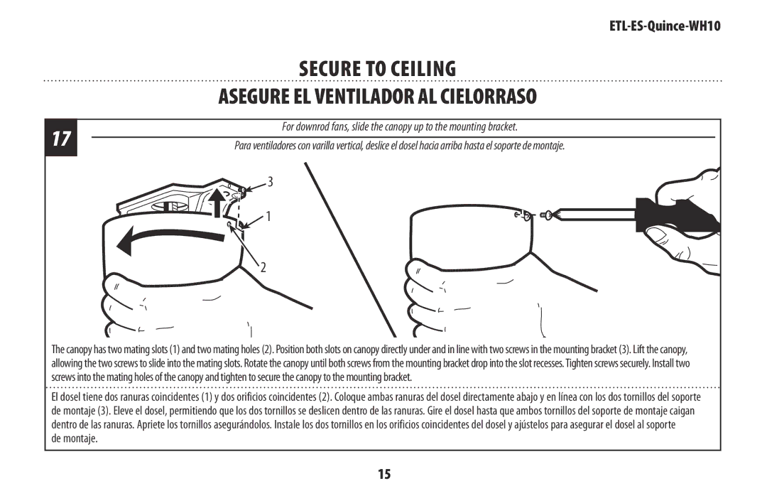 Westinghouse ETL-ES-Quince-WH10 owner manual Secure To Ceiling, Asegure el ventilador al cielorraso 