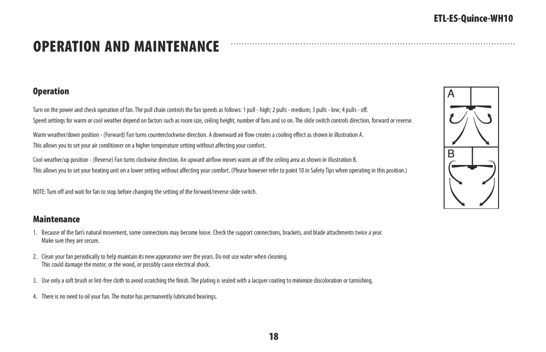 Westinghouse ETL-ES-Quince-WH10 owner manual Operation and Maintenance 