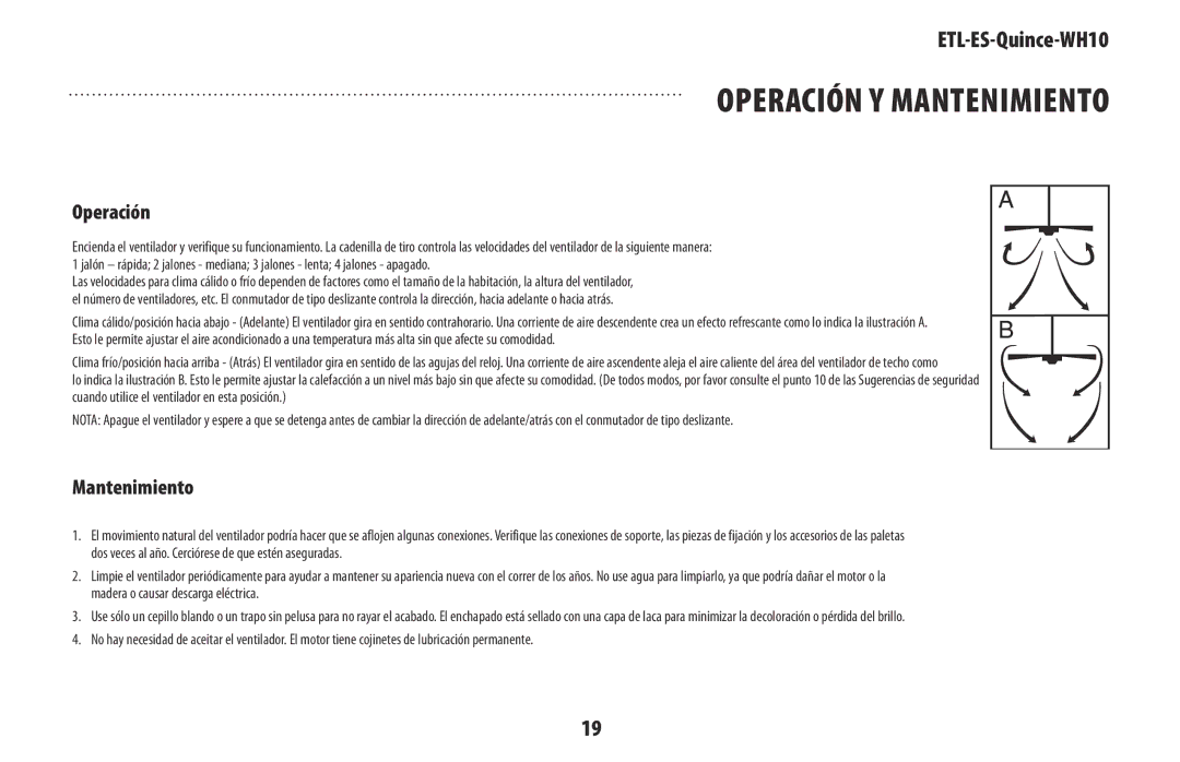 Westinghouse ETL-ES-Quince-WH10 owner manual Operación y mantenimiento 