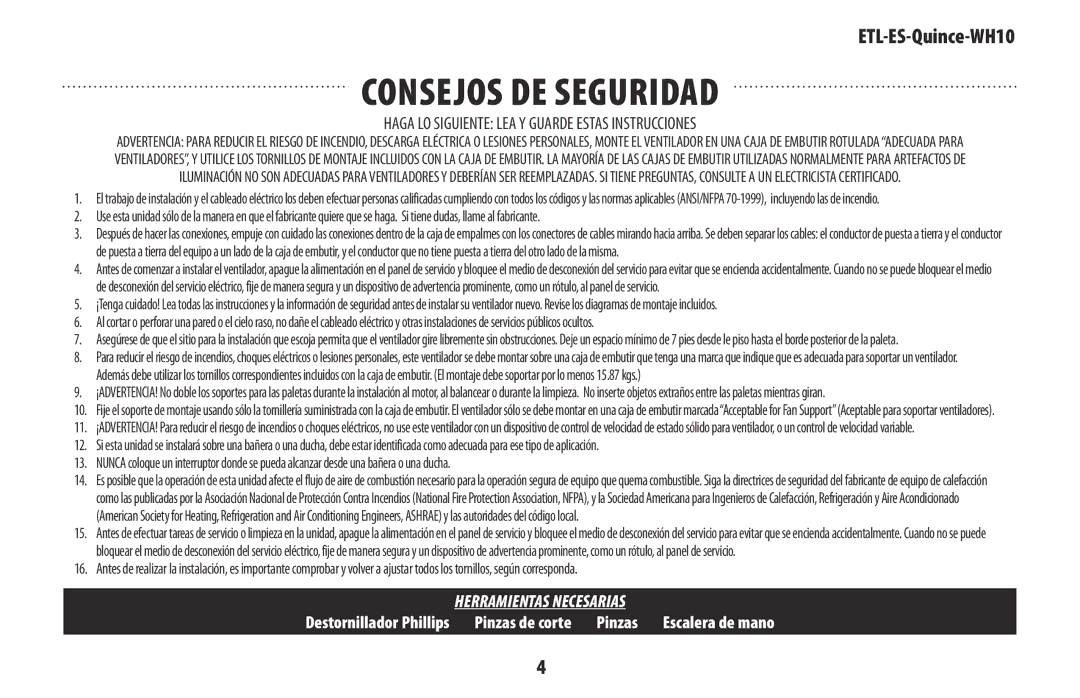 Westinghouse ETL-ES-Quince-WH10 owner manual Consejos de seguridad, Haga LO Siguiente LEA Y Guarde Estas Instrucciones 