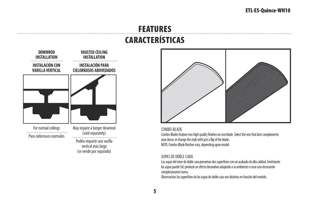 Westinghouse ETL-ES-Quince-WH10 owner manual Features Características, Combo-Blade, Aspas DE Doble Cara 