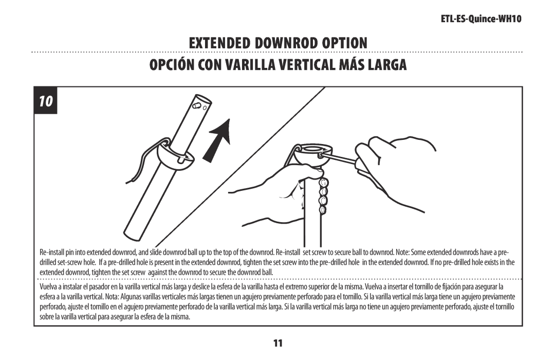 Westinghouse ETL-ES-Quince-WH10 owner manual Extended Downrod Option Opción Con Varilla Vertical Más Larga 