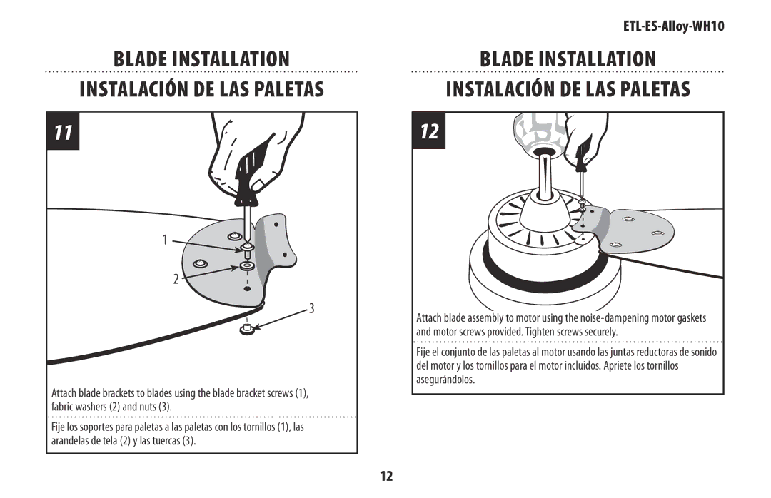 Westinghouse ETL, ES owner manual Blade Installation Instalación de las paletas 