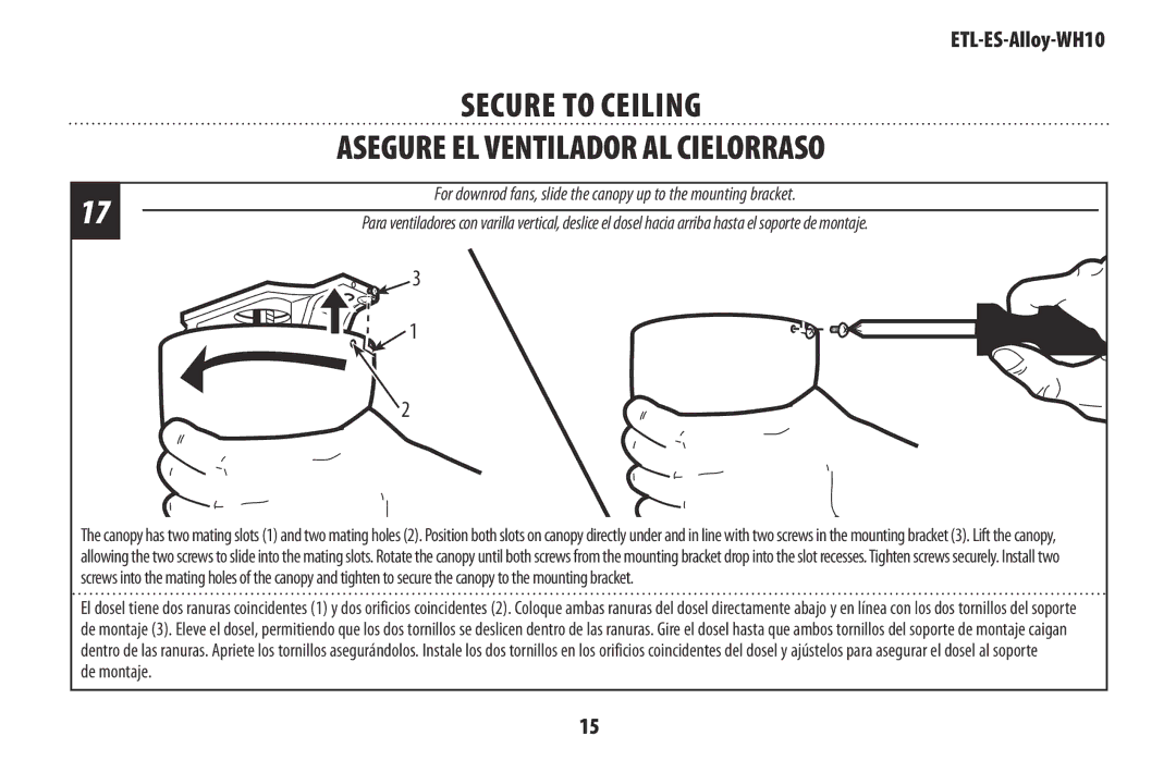 Westinghouse ES, ETL owner manual Secure To Ceiling, Asegure el ventilador al cielorraso 