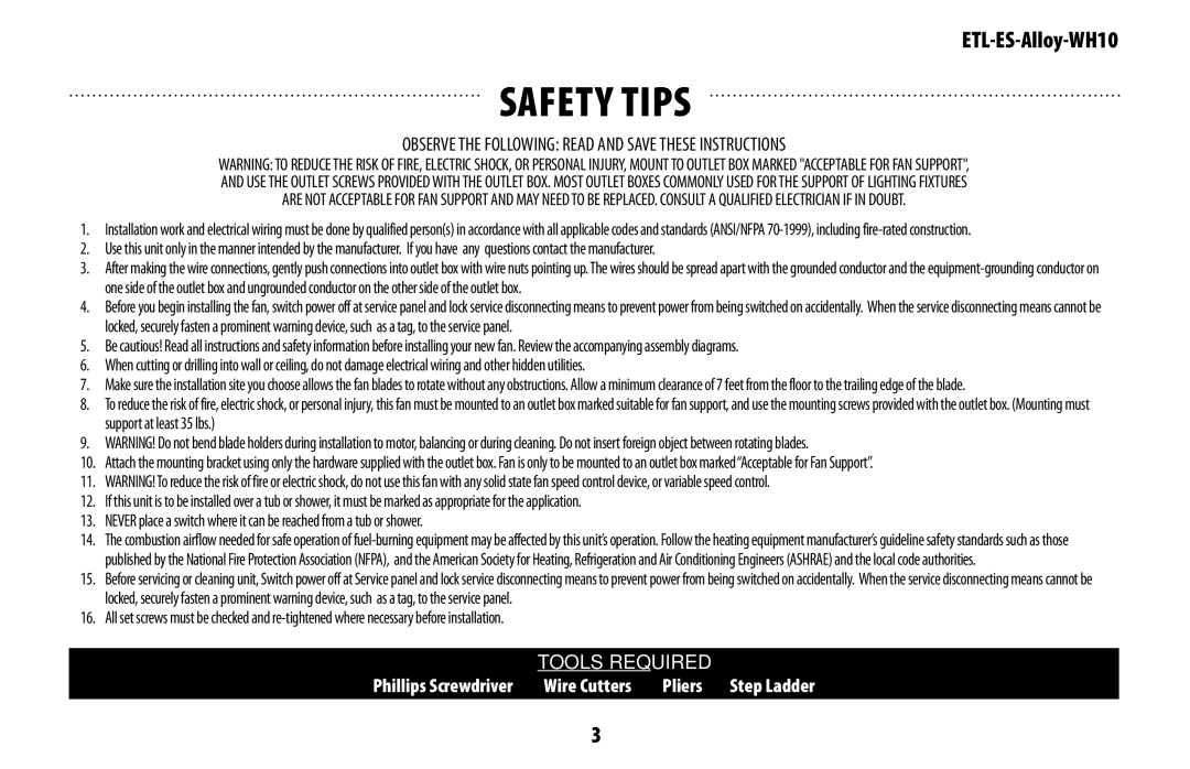 Westinghouse ES, ETL owner manual Safety tips, Observe the Following Read and Save These Instructions 