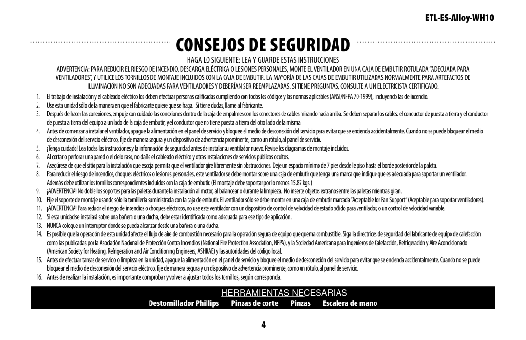 Westinghouse ETL, ES owner manual Consejos de seguridad, Haga LO Siguiente LEA Y Guarde Estas Instrucciones 