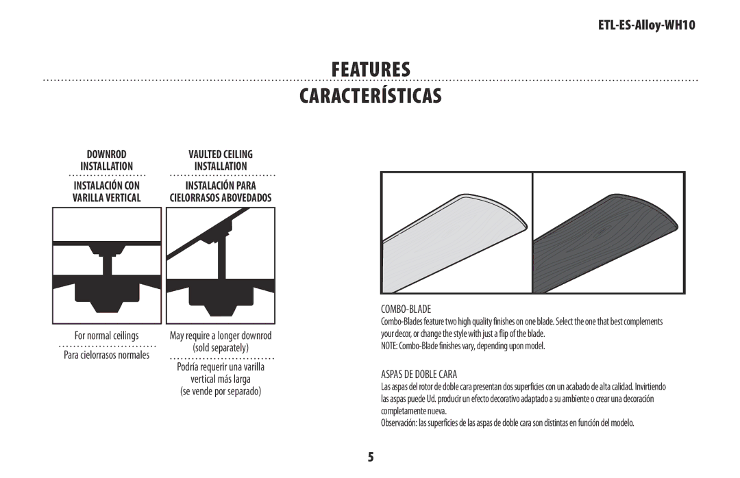 Westinghouse ES, ETL owner manual Features Características, Combo-Blade, Aspas DE Doble Cara 