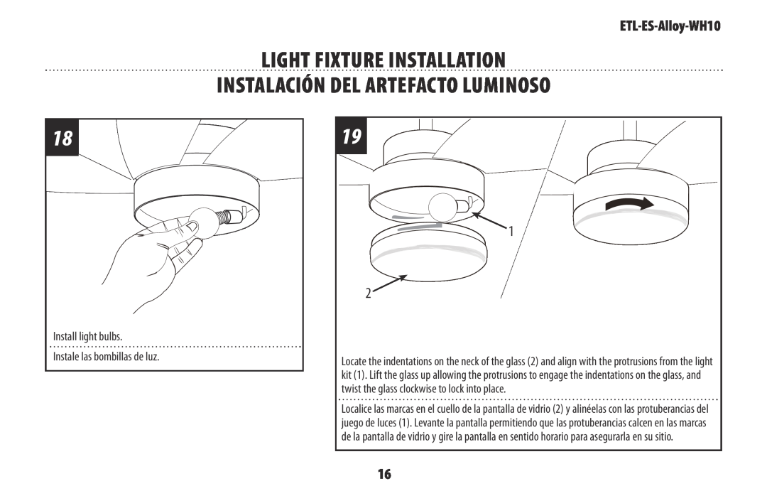 Westinghouse owner manual Light fixture installation, Instalación del artefacto luminoso, ETL-ES-Alloy-WH10 