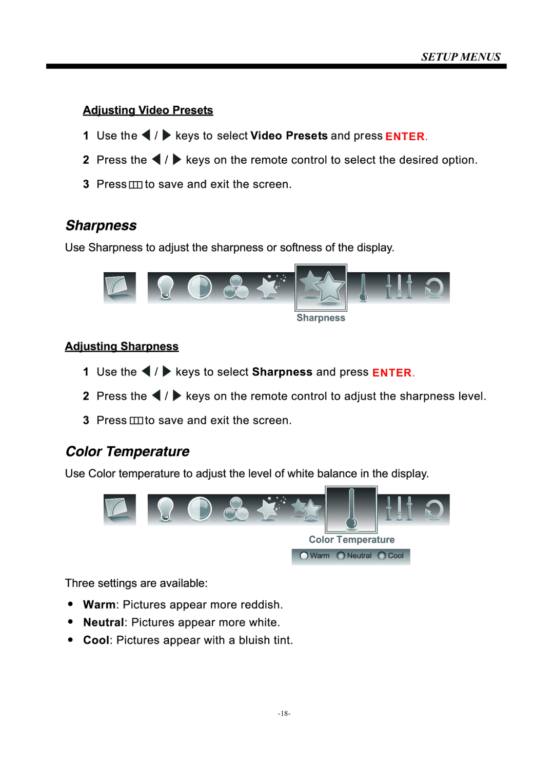 Westinghouse EU24H1G1 manual Setup Menus 