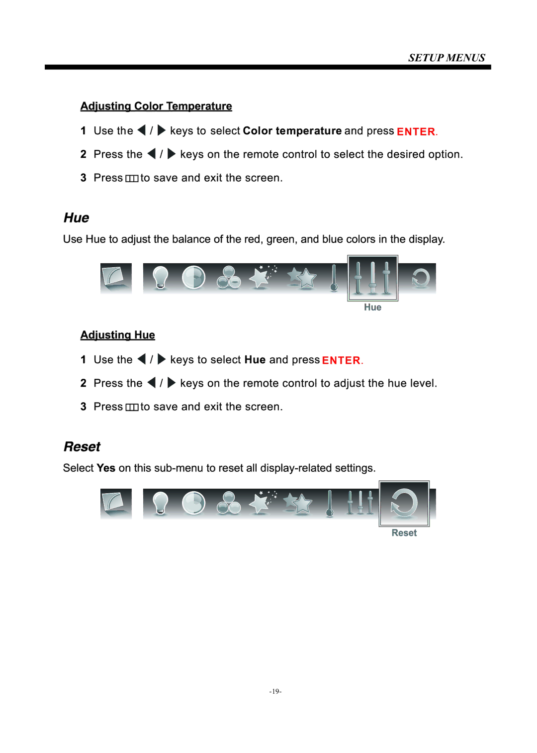 Westinghouse EU24H1G1 manual Setup Menus 