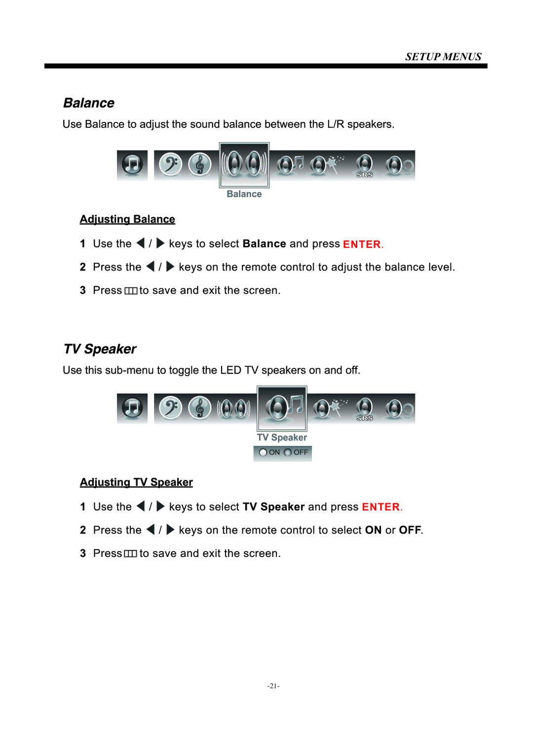 Westinghouse EU24H1G1 manual Setup Menus 