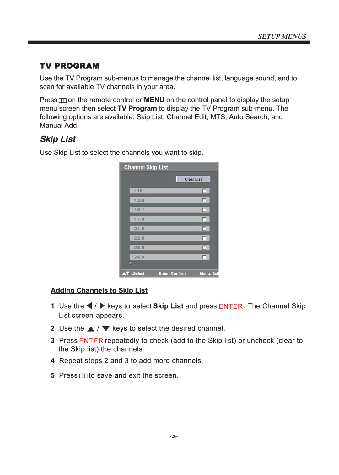 Westinghouse EU24H1G1 manual Setup Menus 