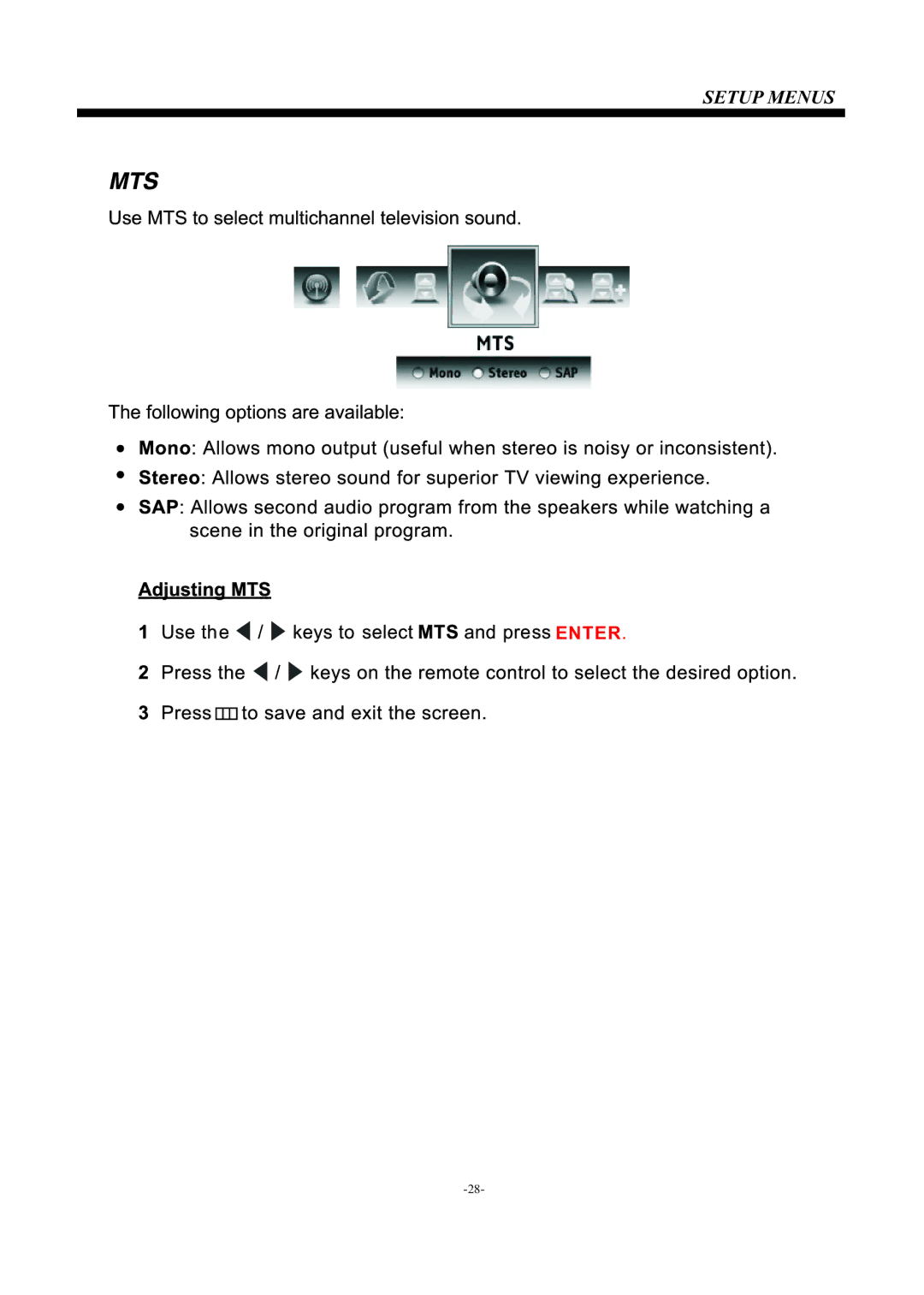 Westinghouse EU24H1G1 manual Setup Menus 