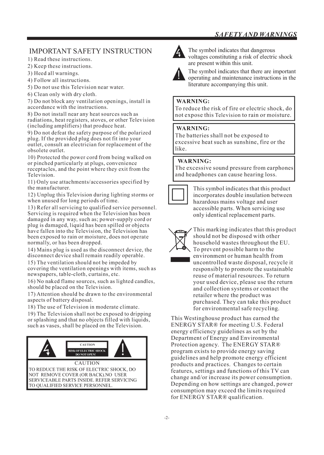 Westinghouse EU24H1G1 manual Important Safety Instruction 