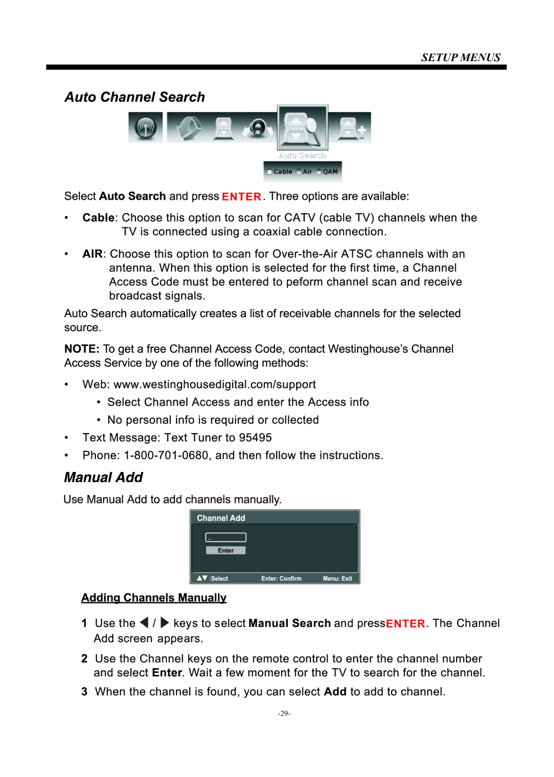 Westinghouse EU24H1G1 manual Setup Menus 