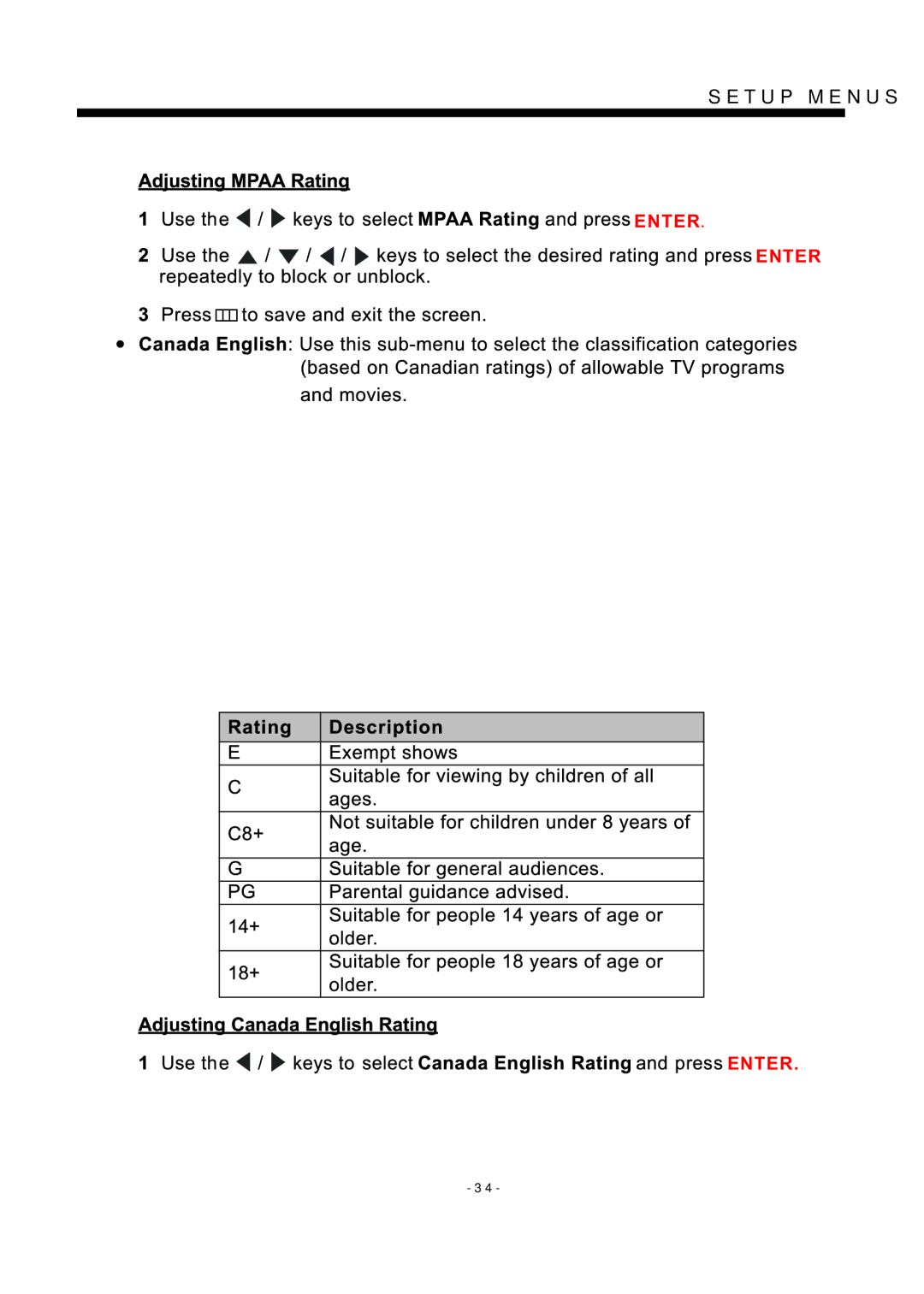 Westinghouse EU24H1G1 manual Setup Menus 