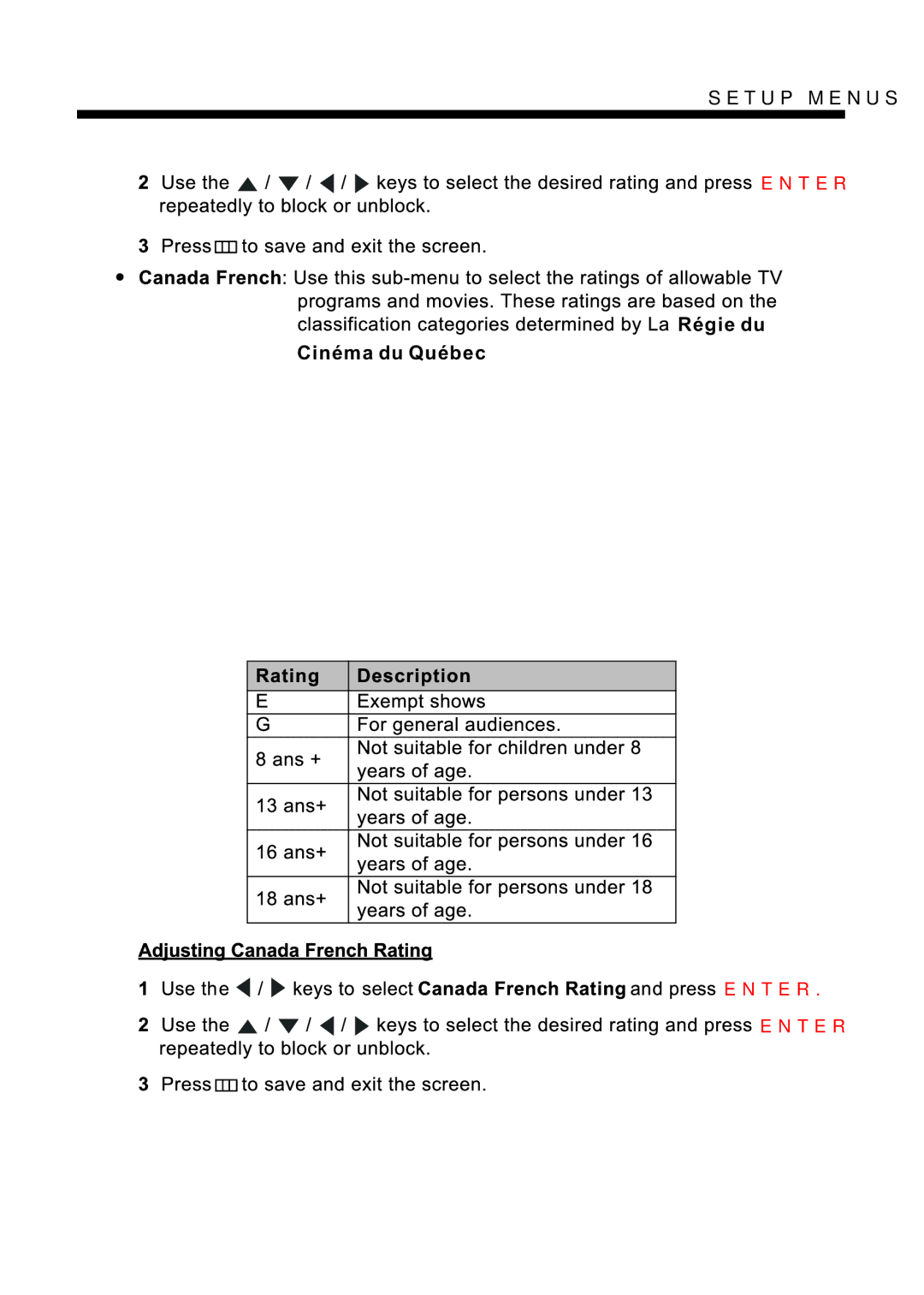 Westinghouse EU24H1G1 manual Régie du Cinéma du Québec 