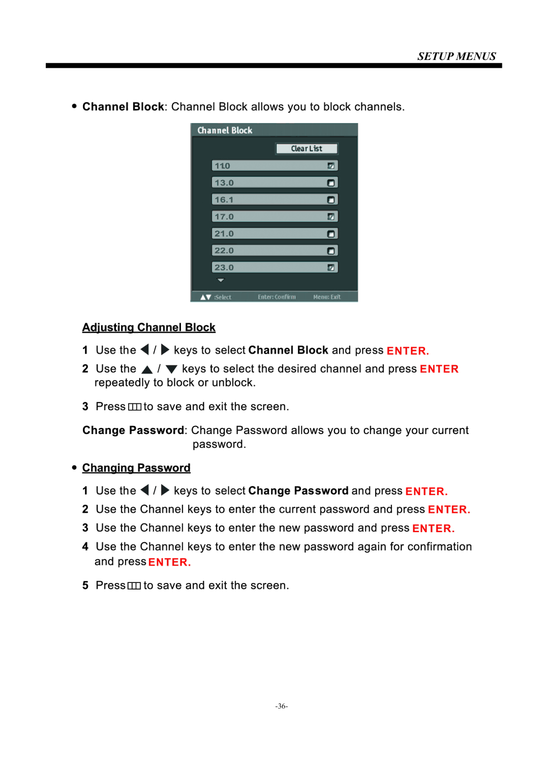 Westinghouse EU24H1G1 manual Setup Menus 