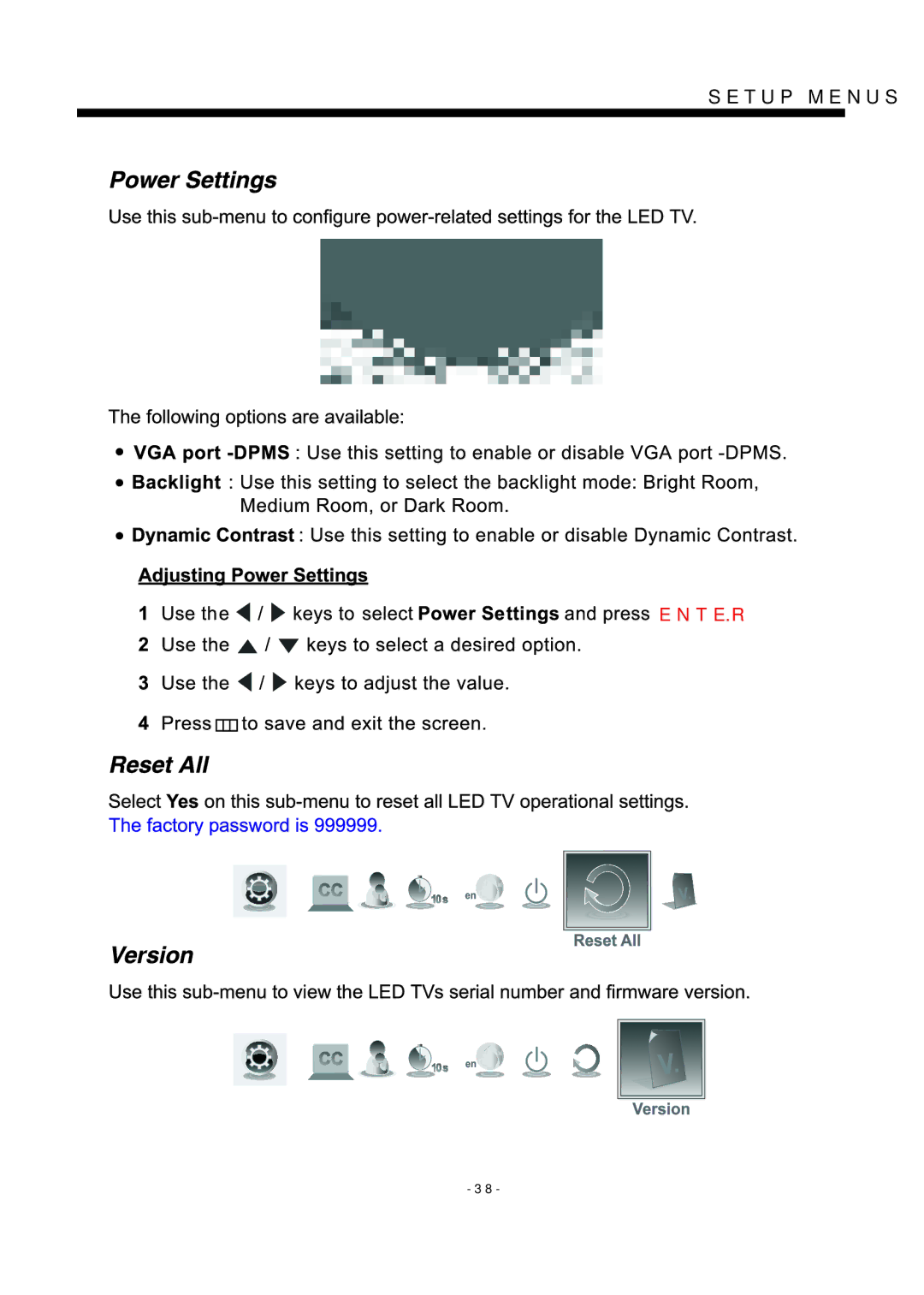 Westinghouse EU24H1G1 manual Setup Menus 