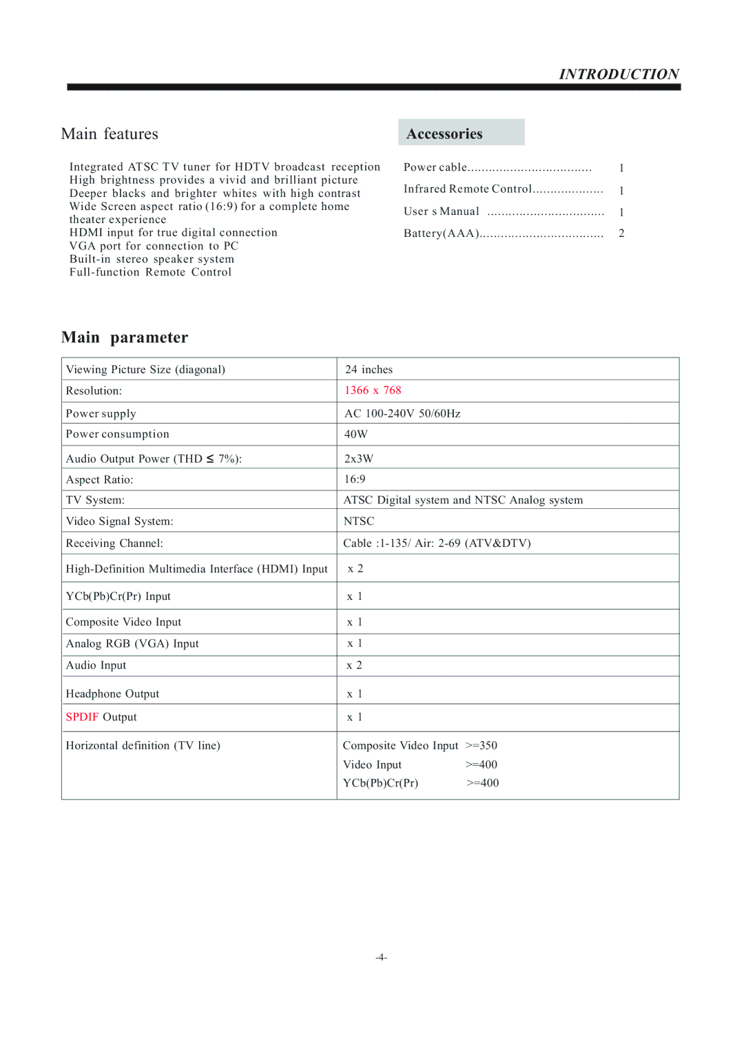 Westinghouse EU24H1G1 manual Main parameter 