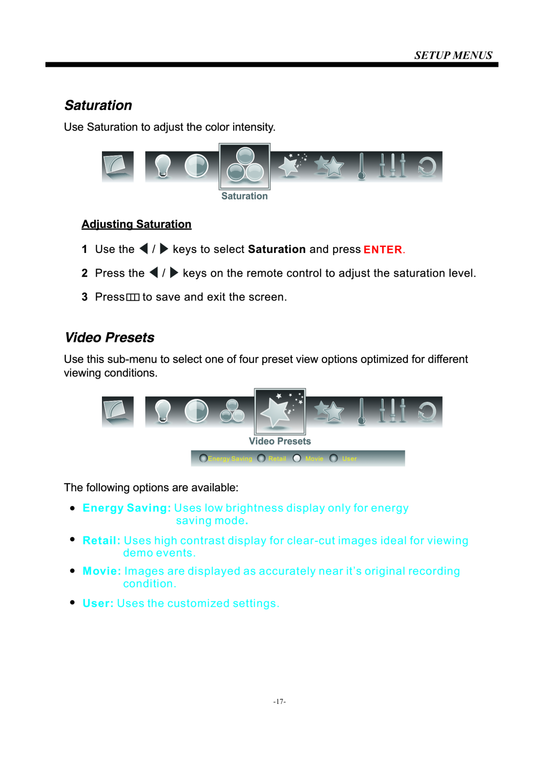 Westinghouse EU24H1G1 manual Enter, Setup Menus, Energy Saving Uses low brightness display only for energy saving mode 